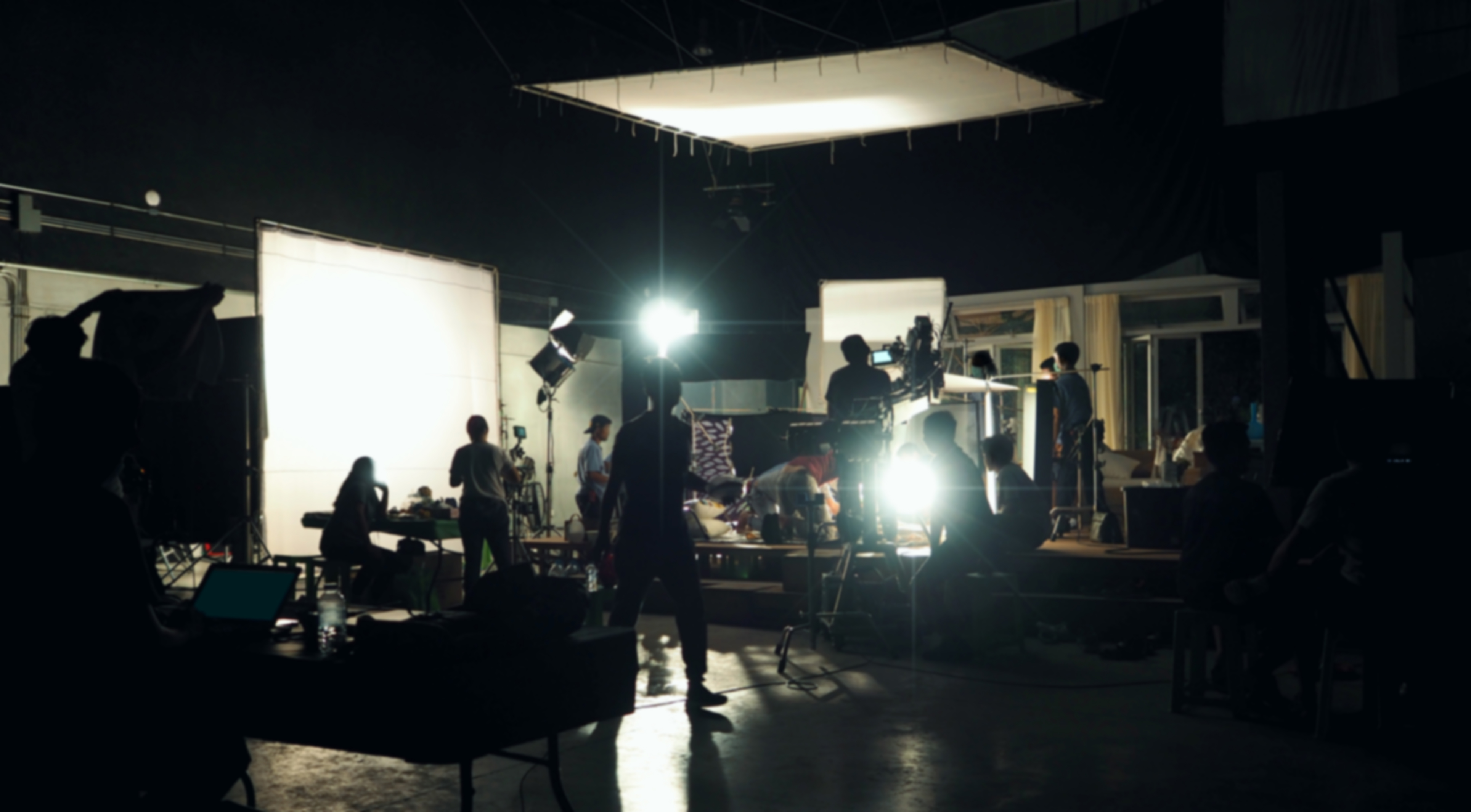Blurry image of making movie video in big production studio