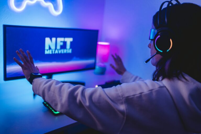 Young gamer buying NFT for metaverse virtual video game online - Focus on augmented reality goggles