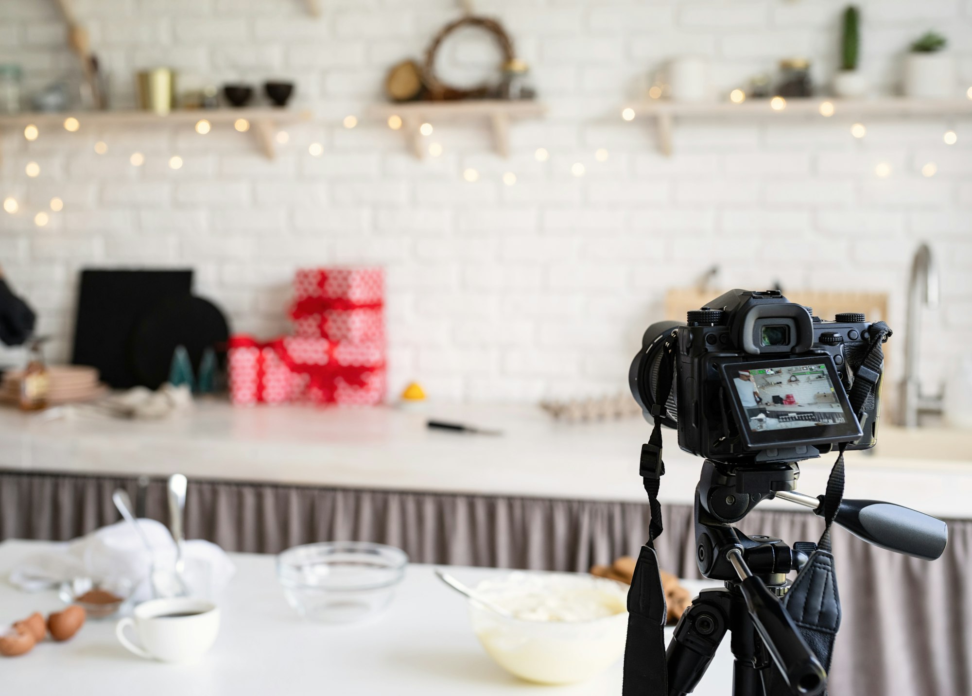 Chef blogger recording video for blog. Chef cooking dessert making video for vlog