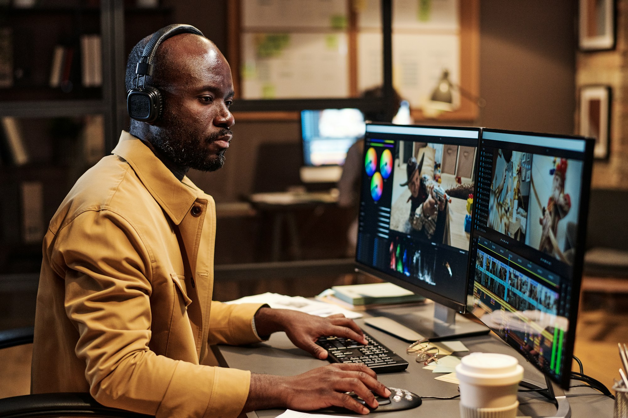 Man working with footage on computer