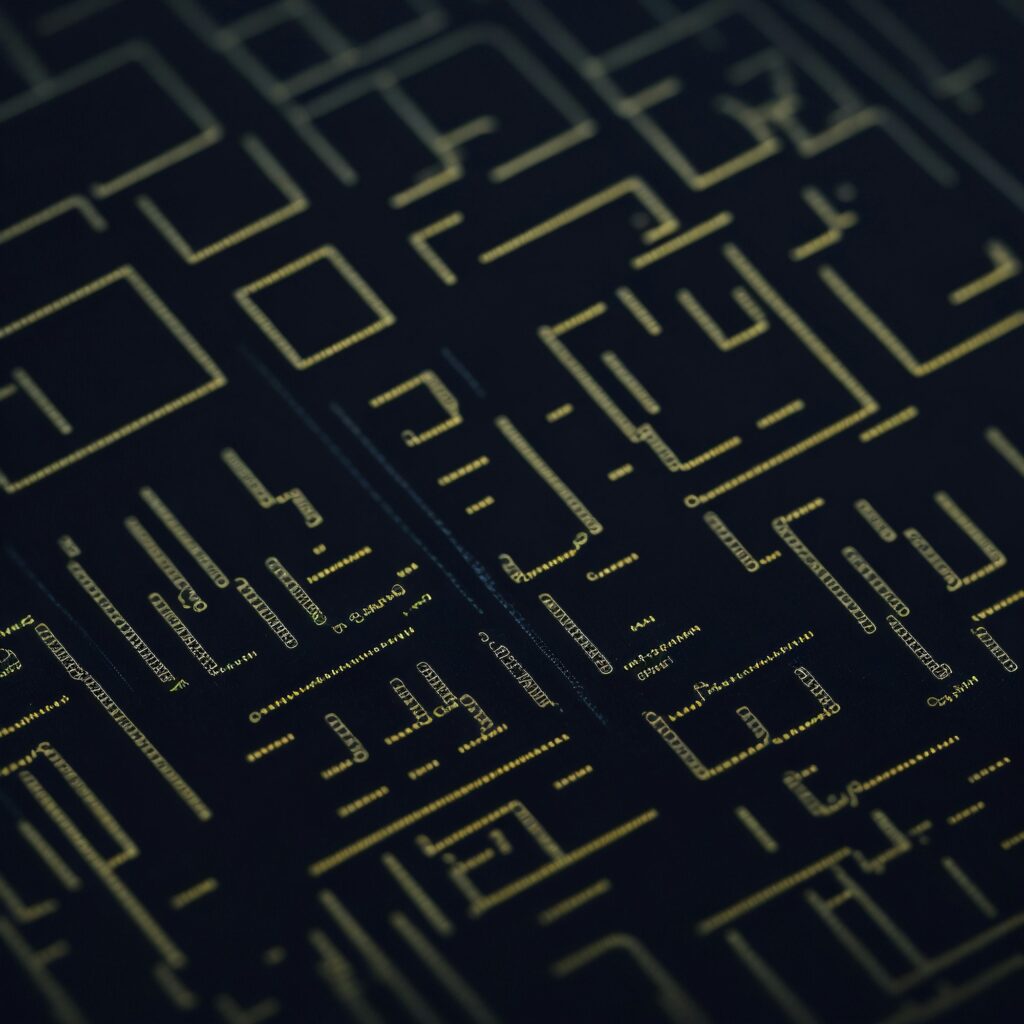 Abstract Views of Microchips in Macro Shot: Black Boards and Golden Schemes