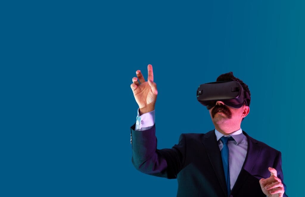 Bussinessman in suit dresscode, with vr and hologram concept.